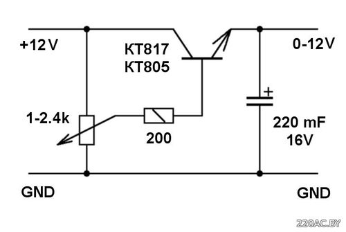 Регулятор напряжения 0-12 В на одном транзисторе