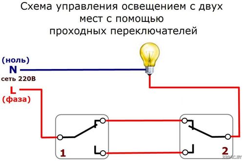 Схема проходного выключателя на 2 участка